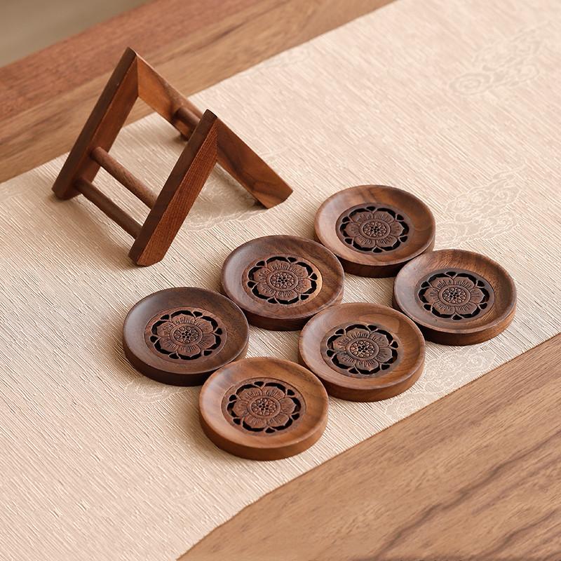 1 Set Chinese Walnut Wood Tea Tray Storage Rack Household Carved Coaster Insulation Teapot Teacup Mat Teaware Accessories