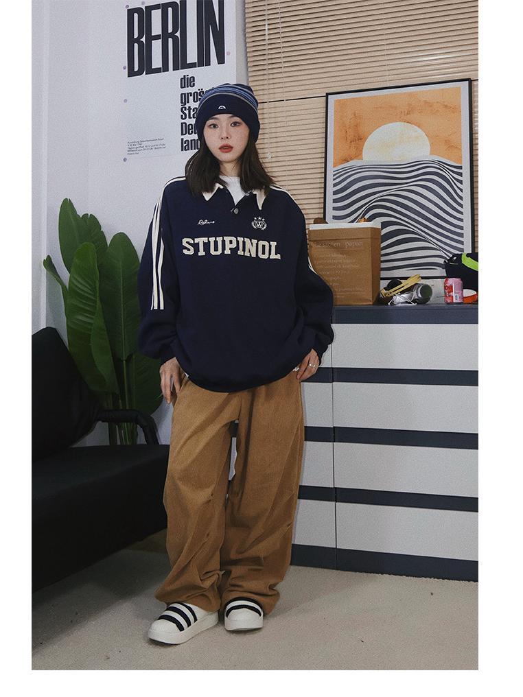 Wyszywane Retro Preppy Litera Polo z Długim Rękawem - Modny Wykładany Kołnierzyk Luźny Krój z Bocznymi Paskami, Unisex, Wszechstronny Styl.