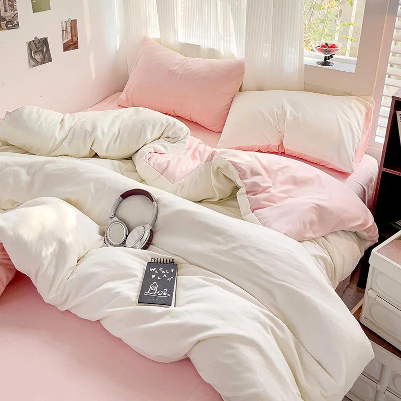 Solid Bed Linen Cotton Bedding Set 4pcs with Sheet Duvet Cover Pillowcases Single Couple Bedsheet Single Couple Twin Size