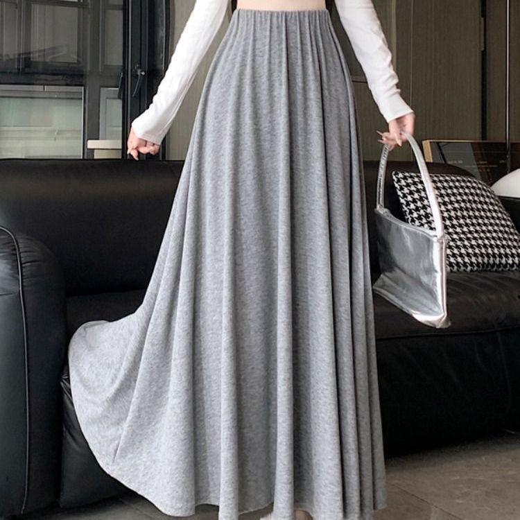 

Серая миди-юбка А-силуэта для женщин - Однотонная, Эластичная талия, Универсальная, Стройнящая и Подчеркивающая фигуру для осени и зимы One Size светло-серый