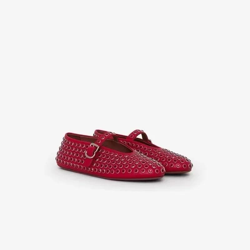 Women's Rhinestone Rivet Single Shoes Women New Round Toe Hollow Belt Buckle Comfortable Flat Dance Ballet Mary Jane Shoes