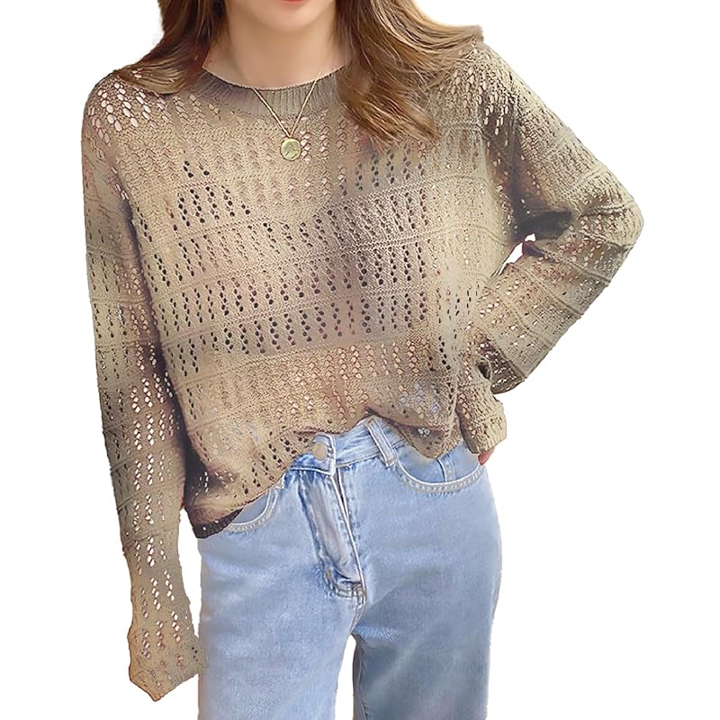 

[Lilly chocolate] summer knit ladies openwork knitting long sleeve openwork tops Roughly knit spring/summer Thin tops Relaxing spring summer autumn