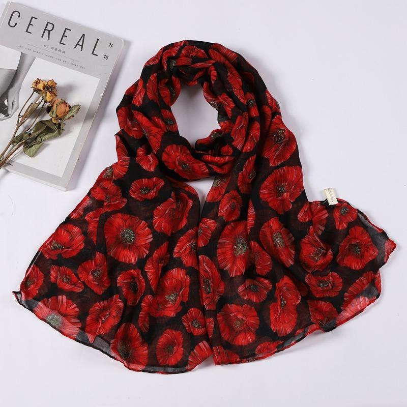

Vintage scarf silk scarf print poppy classic scarf travel shawl 88*180cm