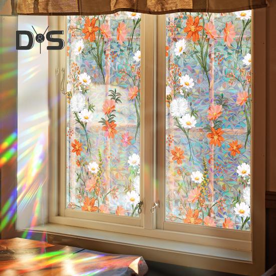 Folia Prywatnościowa na Okno Tęczowa Wodoodporna Statyczna Przyczepność Bez Kleju Naklejka ze Wzorem Kwiatowym do Domowych Szklanych Okien Dekoracja Sypialni Salonu
