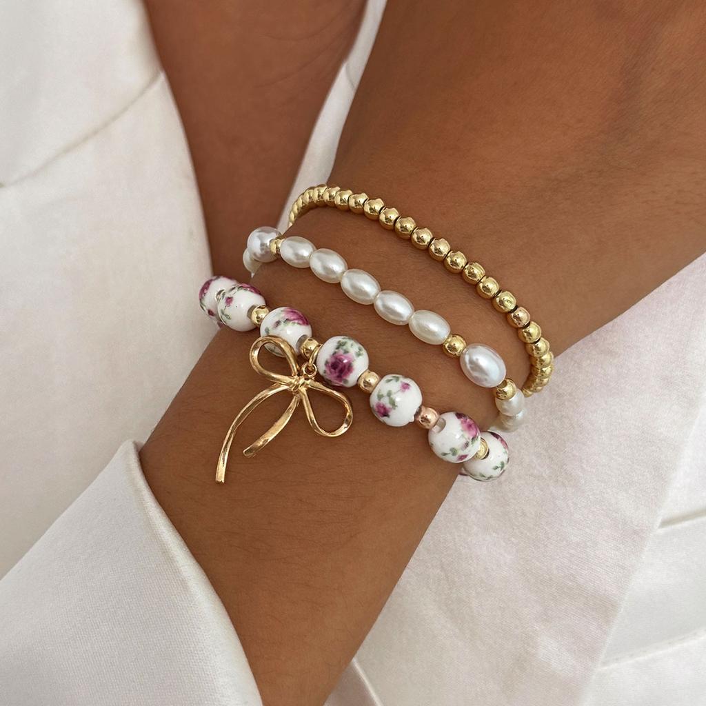 Sweet And Cool Style Ribbon Bow Bracelet, Temperament Love Imitation Pearl Star Stacked Wearing Jewelry Women