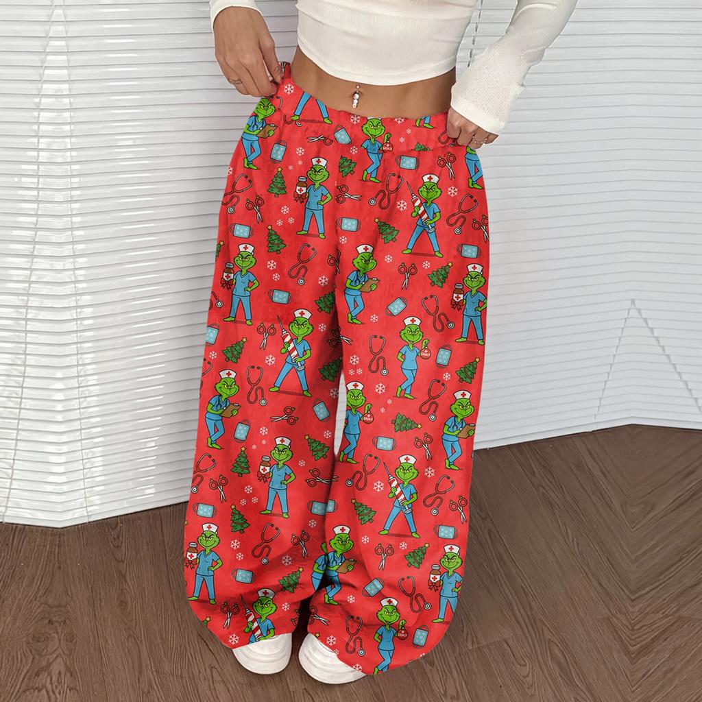 Women's Casual Christmas Print Elastic Waist Loose Fit With Plush Wide Leg Pants
