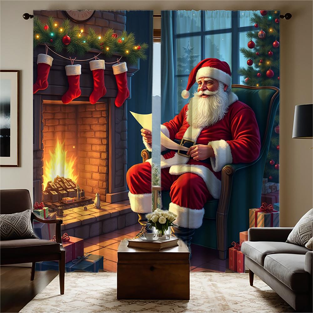 2-piece set of high-definition digital printed curtainChristmas Santa Claus red green fireplace giftHome decoration style