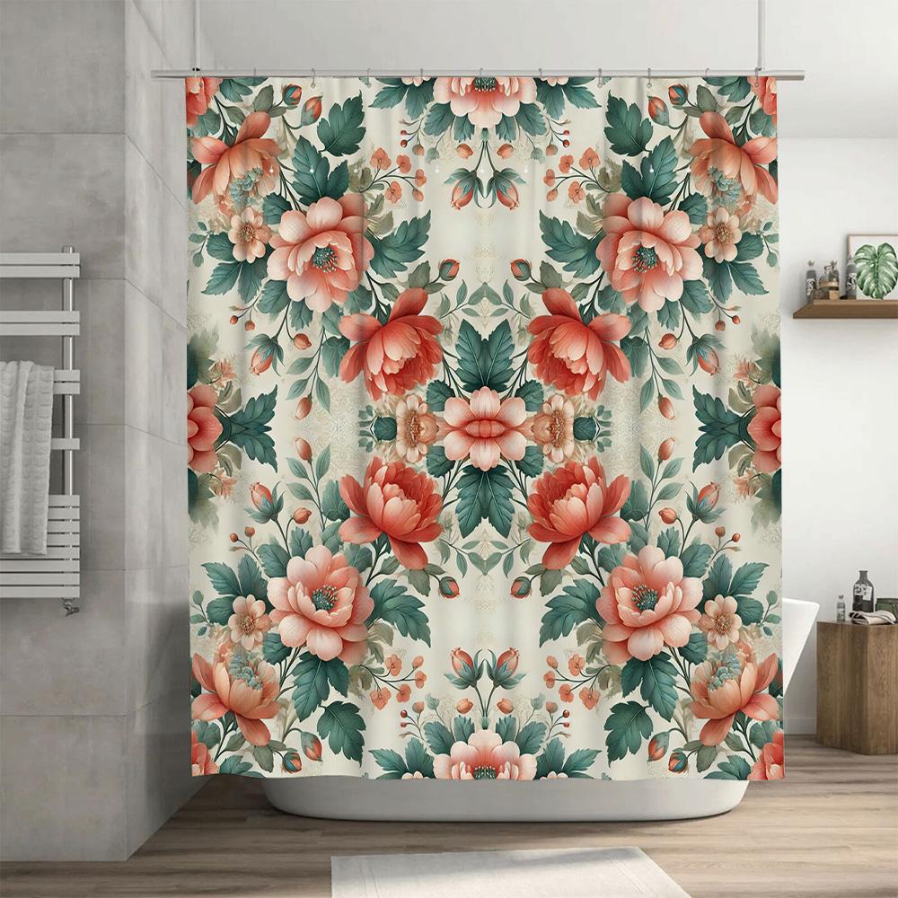 Floral Print Shower Curtain Rustic Style Bath Decor for Home Decoration with Hooks Included in 3D Floral Design Fabric Waterproo