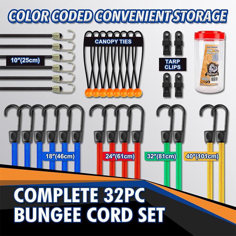 32 Piece Bungee Cords Assortment Jar Includes 10" 18" 24" 32" 40" Bungee Cord With Hooks