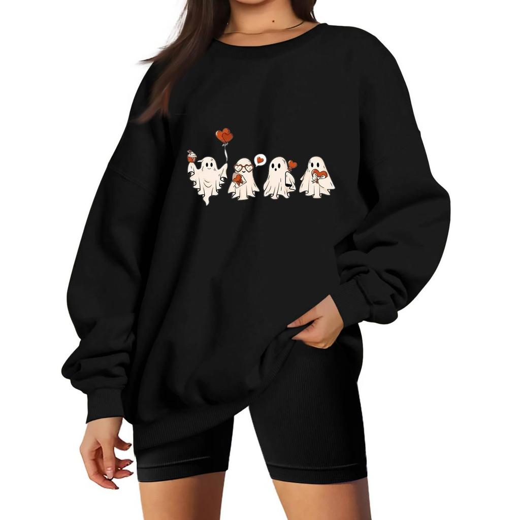 Women's Color Neck Long Sleeve Loose Fit Sweatshirt with Halloween Print