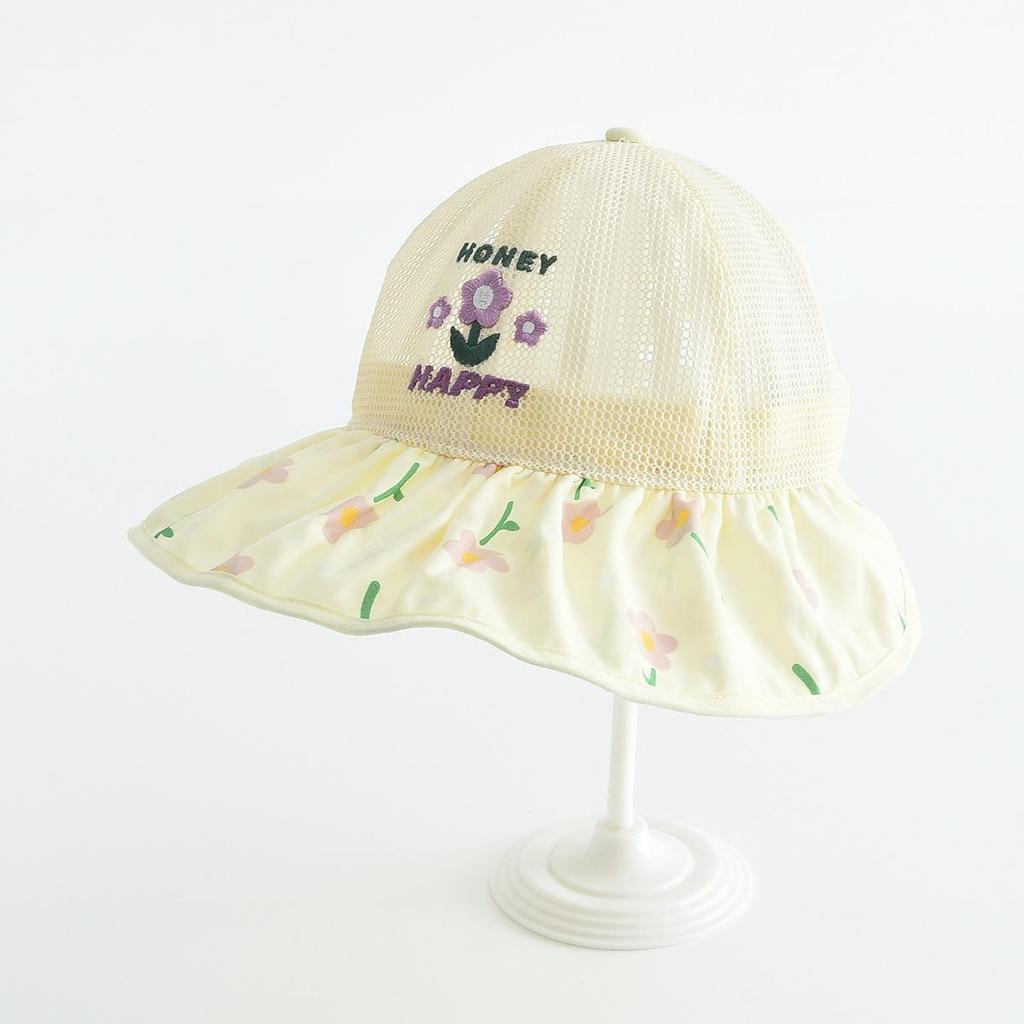 Kids' Embroidered Floral Mesh Bucket Hat - Breathable Outdoor Sun Hat for Students