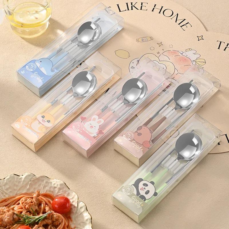 1Pcs Portable Cutlery Set Stainless Steel Cute Cartoon Animal Pattern Handle Spoon Chopstick with Box Travel Student Dinnerware Set