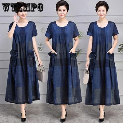 Vestido de algodão e linho para mãe de meia-idade, verão, plus size, 100kg, solto, casual, saia longa sobre o joelho