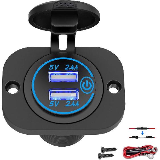 Dual USB Socket 12V Marine Outlet with Switch Golf Cart USB Port 12 Volt DC Car Charger Mount Waterproof Cigarette Lighter Power Adapter DIY Kit Fast