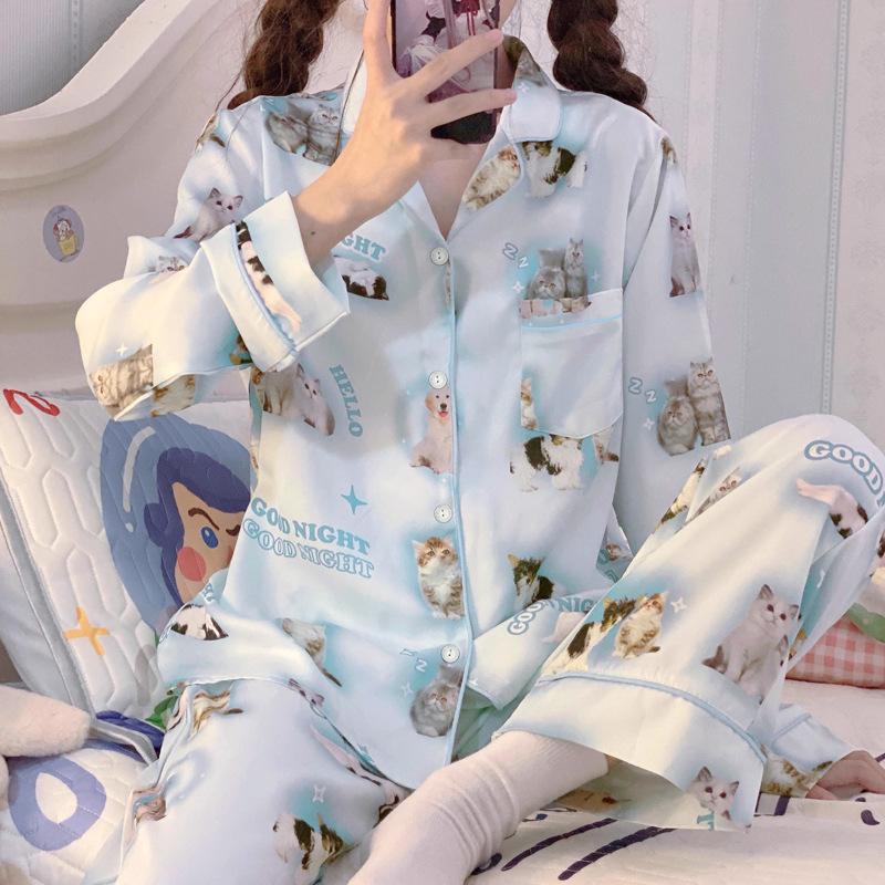 Sweet Girl Ice Silk Pajamas Women'S Spring And Autumn Long-Sleeved Cute Cat Casual Loose Two-Piece Loungewear