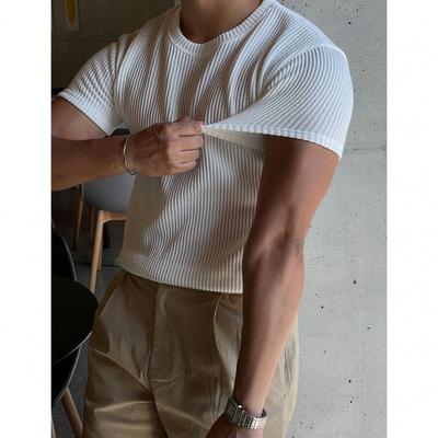 Męski prążkowany dopasowany T-shirt z krótkim rękawem, dzianinowy top z okrągłym dekoltem slim fit, casualowy bodycon T-shirt