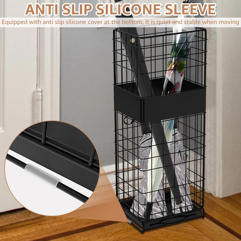 Umbrella Storage Stand Square Metal Hollow Umbrella Holder with Detachable Tray Umbrella Drain Rack for Entryway Home Office