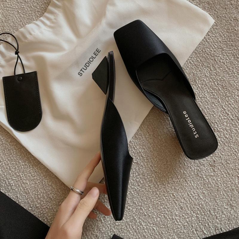 Shoes Square Head Light Mouth Silk Satin Triangle Heel Cool Slippers Women