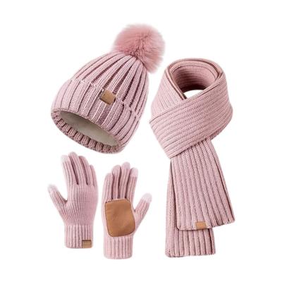 3 Pcs/Set Women Winter Beanie Scarf Gloves Set Thick Knitted Warm Cap Great Friction Palm Gloves Elastic Ear