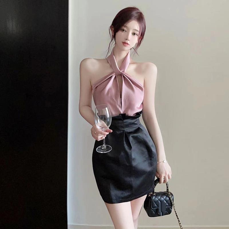 

Женская одежда сексуальная шея халтер поддельные два тонких платья прилив S