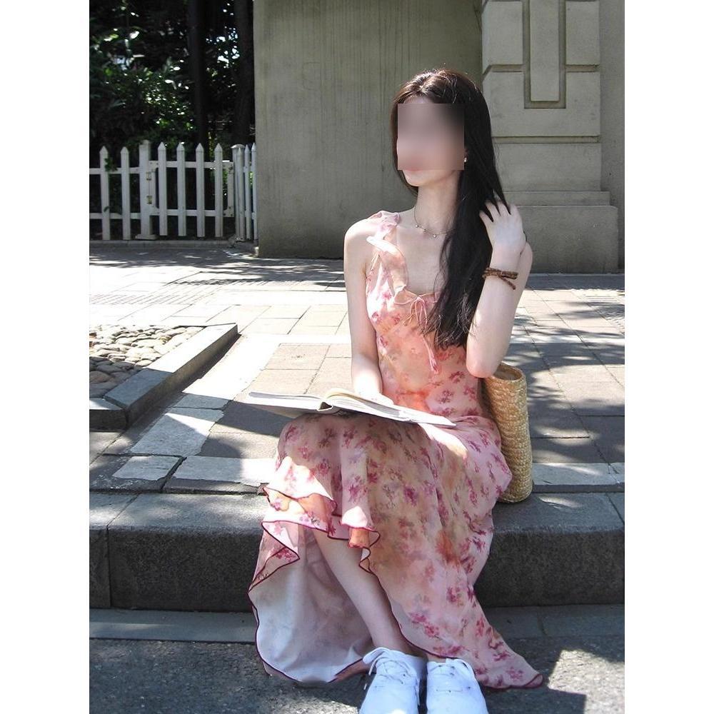 Pink Floral Suspender Dress for Children, Super Beautiful V-neck Waist Seaside Vacation Hip Dress In Summer