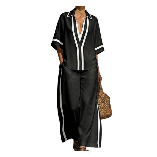 Conjuntos de 2 Peças Color Block para Mulheres Camisas de Manga Curta com Decote em V Profundo e Calças de Perna Larga Conjuntos de Verão para Relaxar
