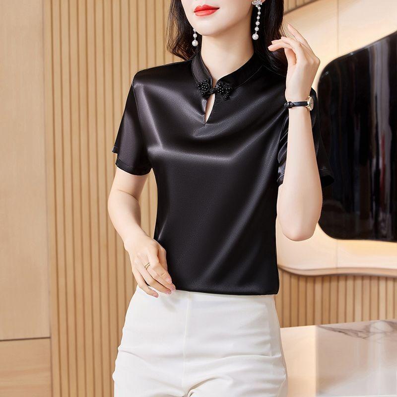 Women's White Satin Mandarin Collar Blouse Casual Short Sleeve Top with Pearl Decor