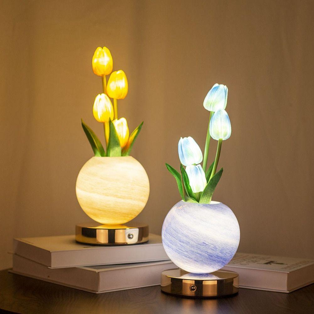 USB Rechargeable Tulip LED Night Light Touch Dimmable LED Light Source Artificial Flower Desk Lamp Artificial Flower Design