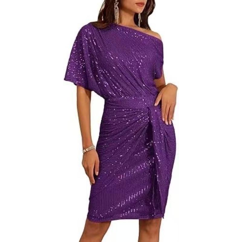 Ladies Trimmed Shiny Party Club Shoulder Folds Toast Dress Fashion Dress