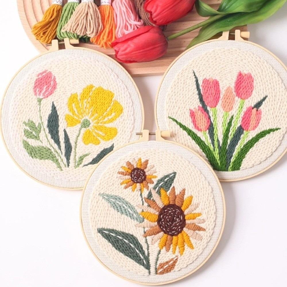 Stamped Cloth Tulip Sunflower Punch Needle Kit Yarn Thread DIY Embroidery Kit