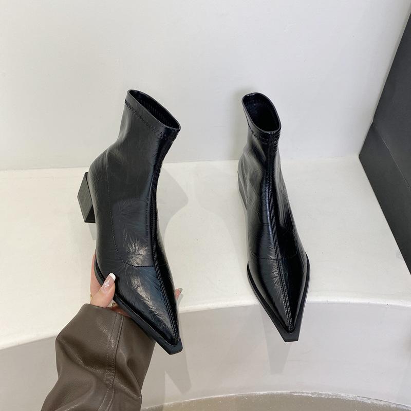 French Pointed Short Boots Women's Boots 2026 Autumn and Winter New Thick Heel Elastic Thin Boots Silver Thin Fashion Boots