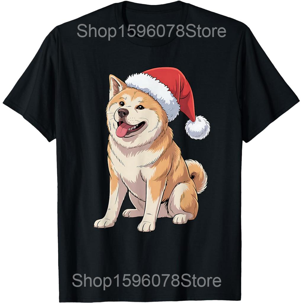 Santa Xmas Lights Dog Lover Akita Dog Christmas T Shirts Cotton Humor Streetwear Tee Shirt Short Sleeve Unisex Loose Clothing