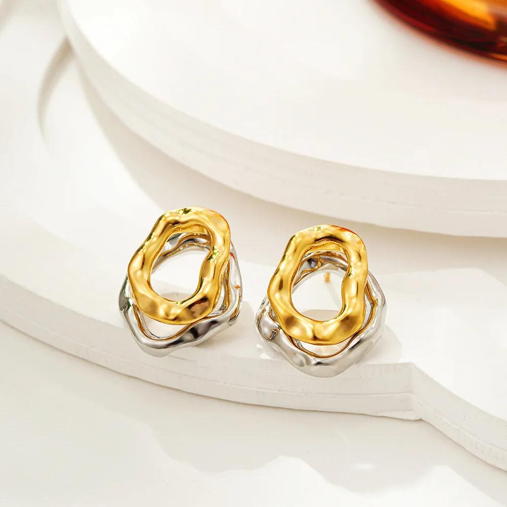 1PAIR Double Layer Irregular Geometric Pattern Copper Earrings, Uneven Surface Fashion Gold and Silver Jewelry Gift