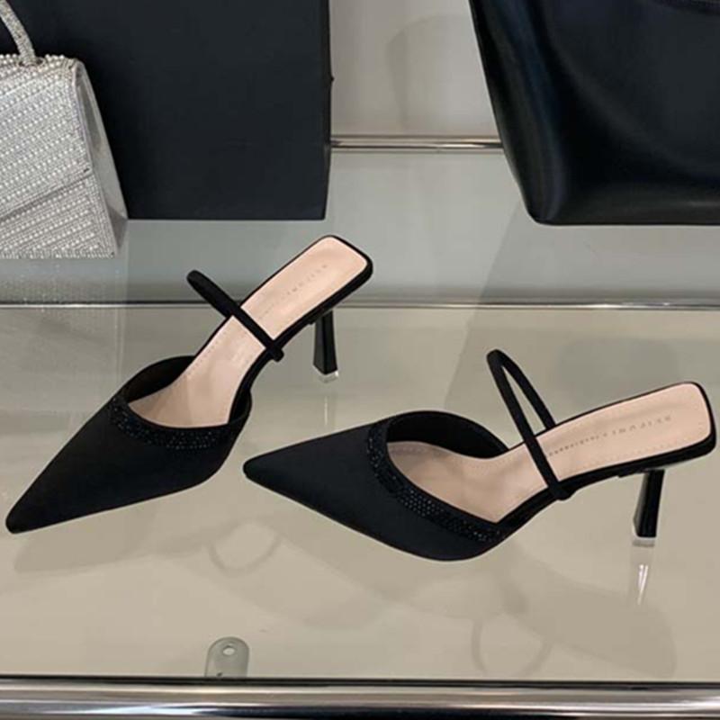 Fashion Luxury Satin Rhinestone Decorated Slide Heeled Sandal Women Sexy Pointed Toe Back Strap High Heels Summer Elegant Women Slippers