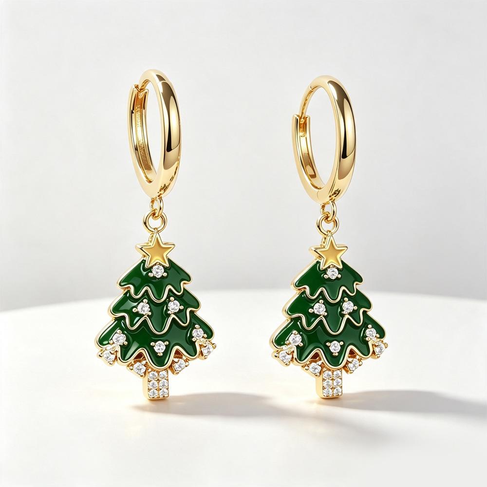 Niche design kerstboom oorbellen vrouwelijk, sterren versierd met ingelegd wax juweel, geschilderde olie zoete wind kerstwind