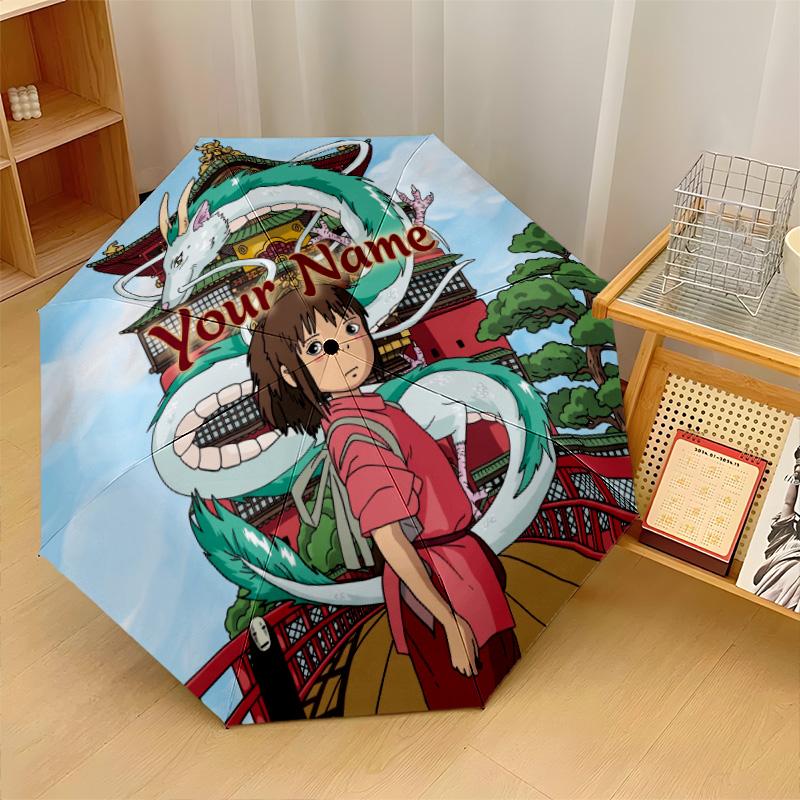 Custom Text Automatic 8 Bone Umbrella, Portable Sun Rain Protection UmbrellaSpirited Away