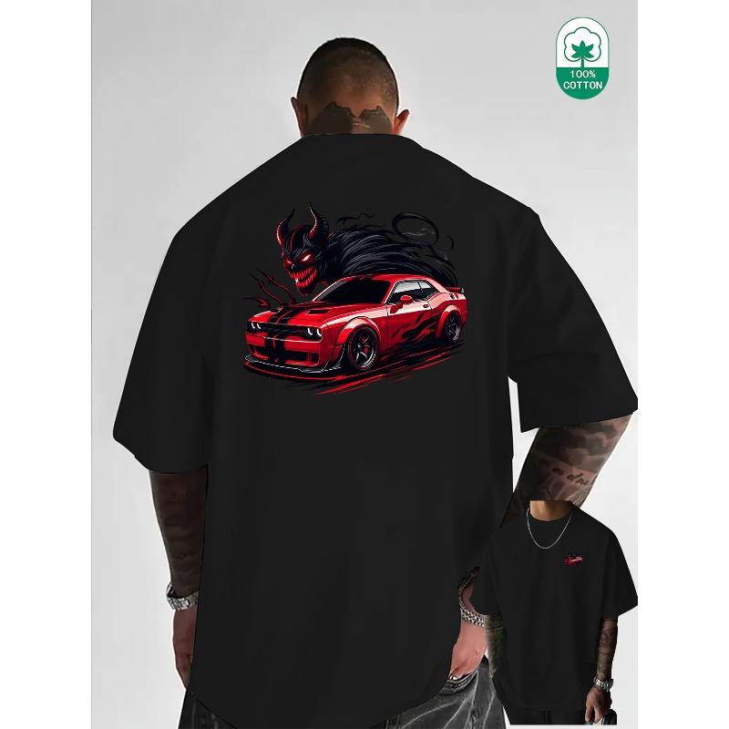 Modny i Trendy T-shirt z Krótkim Rękawem "Cool Demon Ride" z Kreatywnymi Nadrukami Literowymi z Przodu i z Tyłu (Rozmiar Europejski). Wykonane z wygodnej tkaniny
