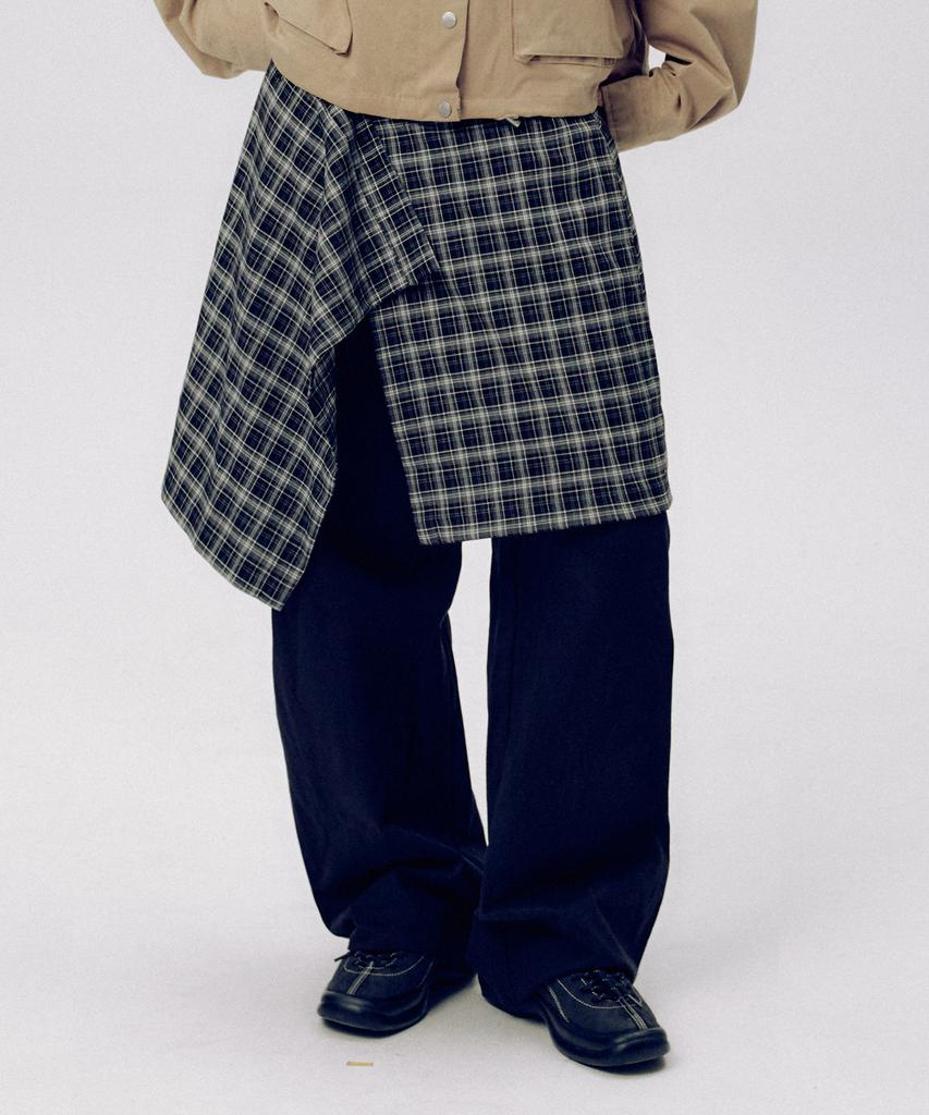 SOME PLACE Check Wrap Skirt Layered Basic Cotton Wide Pants Set [Black]