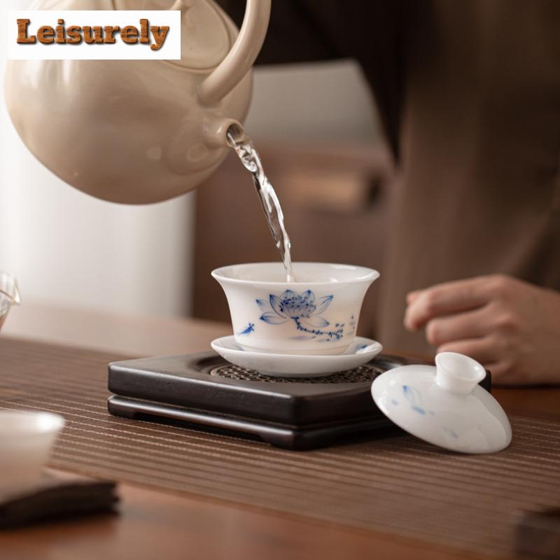 150ml Eisjade Handbemalte Lotus Gaiwan Traditionelle Teeterrine Teeschale mit Deckel Set Teezubereitung Deckelschale Trinkgeschirr Sammlung