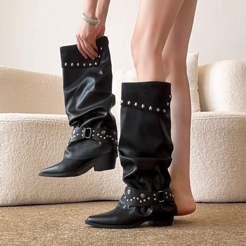 0000 pointed thick heel rivet trouser tube boots women's boots belt buckle pile knight boots versatile high tube but knee boots