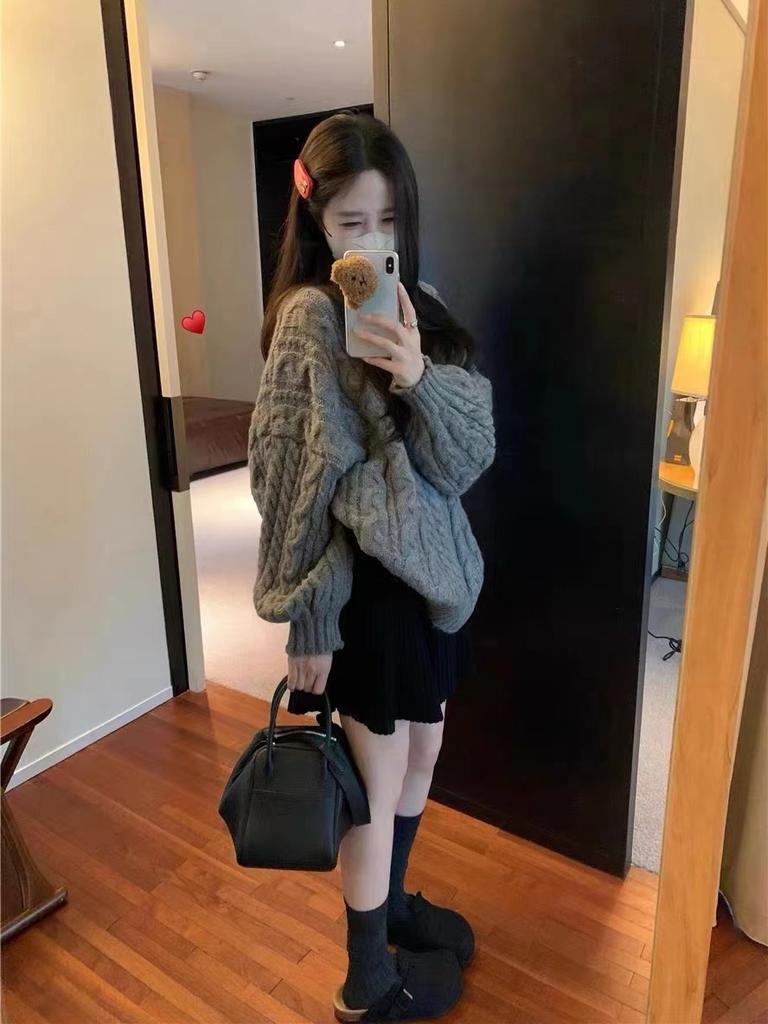 Red Twist Crew Neck Medium and Long Thickened Winter Lazy Wind Loose Top Plus Fat Large Size Knitted Sweater for Women