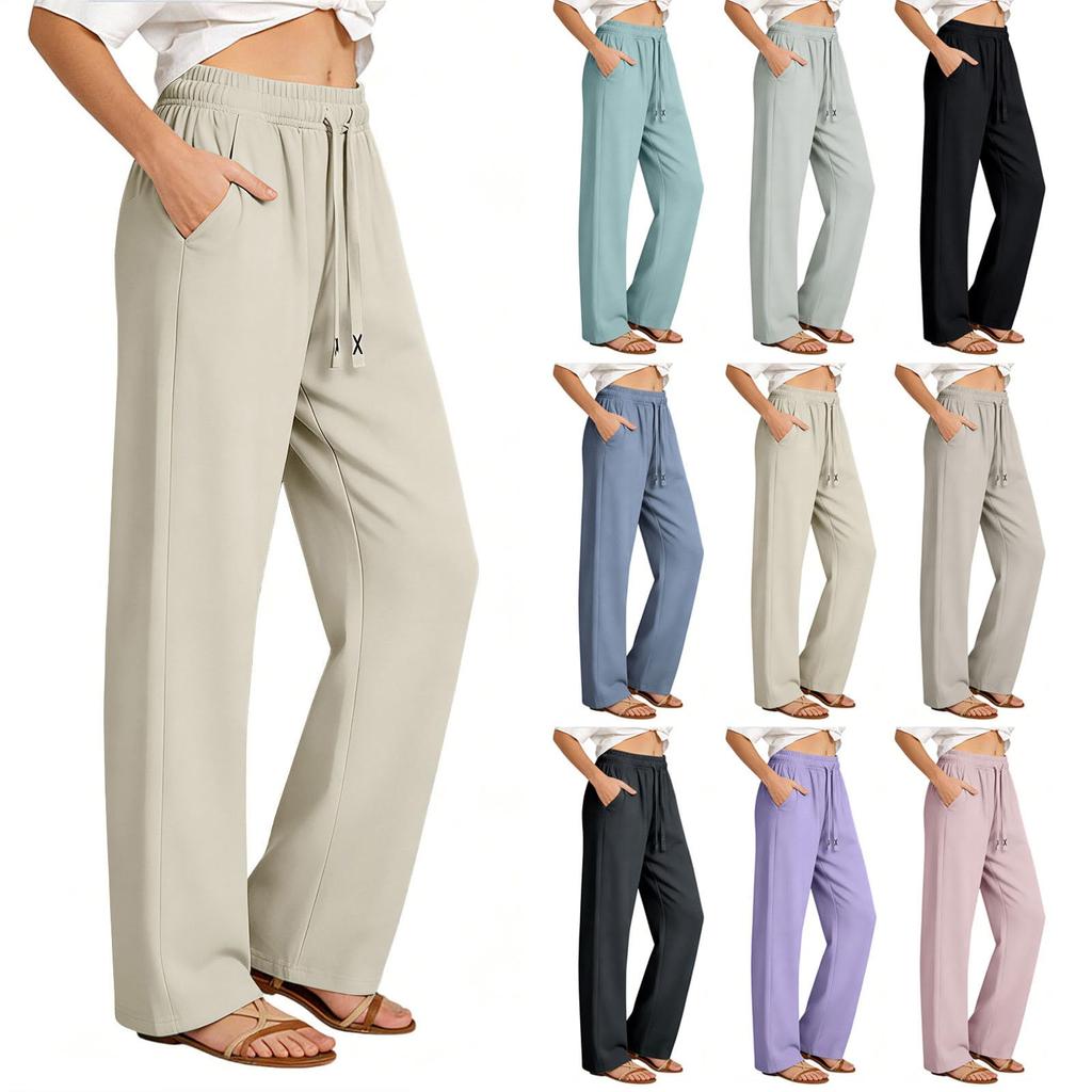 Women's Loose Fit Wide Leg Drawstring Waist Pants with Pockets Casual Straight Leg Trousers for Everyday Wear