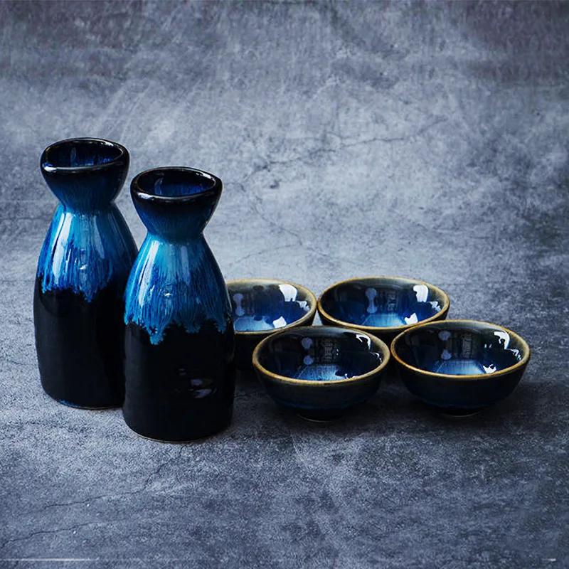 Jarra de Sake Vintage Japonesa Cerámica Azul Cambio de Horno Copa de Vino Dispensador de Vino Shochu para el Hogar Restaurante de Sushi Utensilios para Beber Regalos