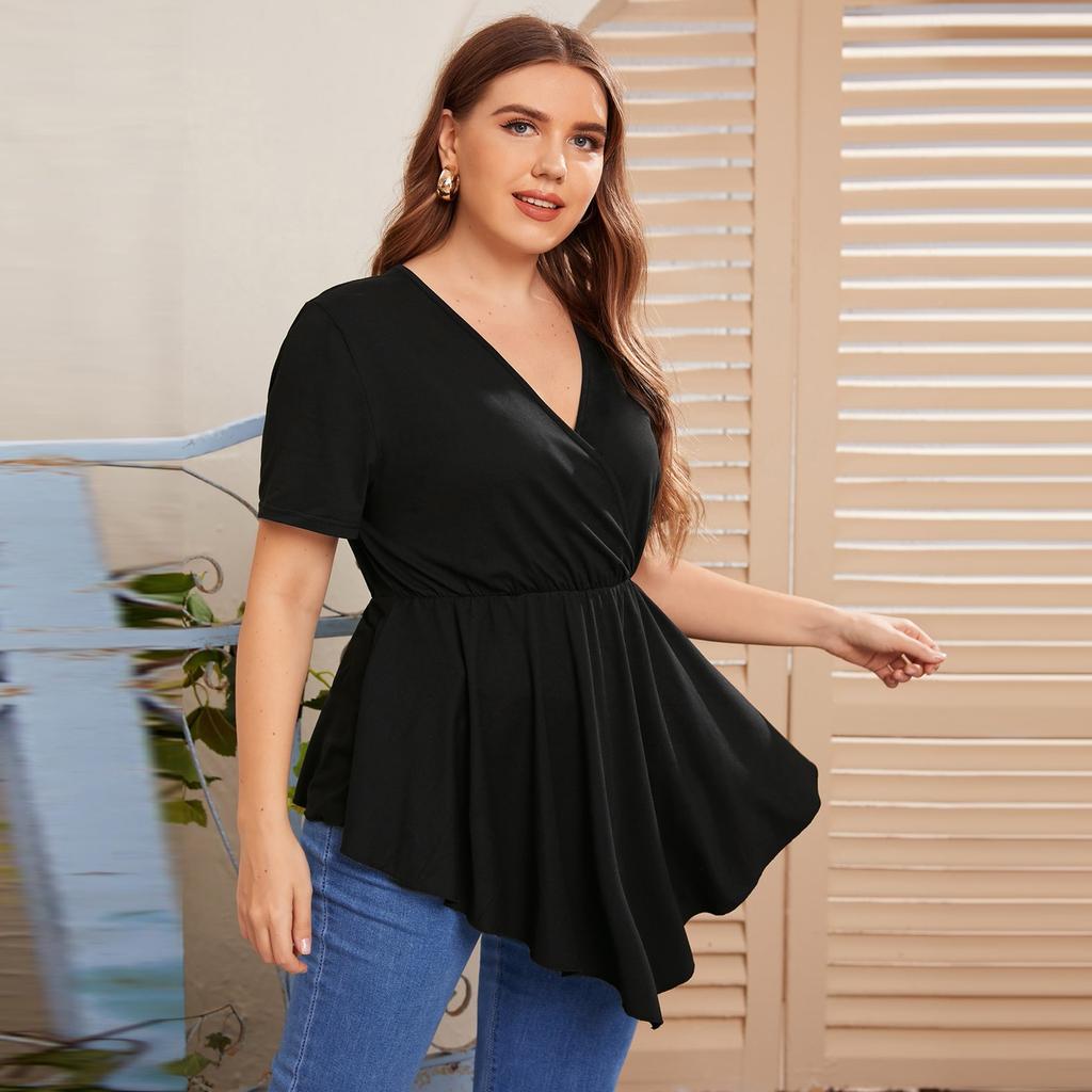 Top Casual da Donna Colorati con Scollo a V, Manica Corta Pieghettata, Taglie Forti