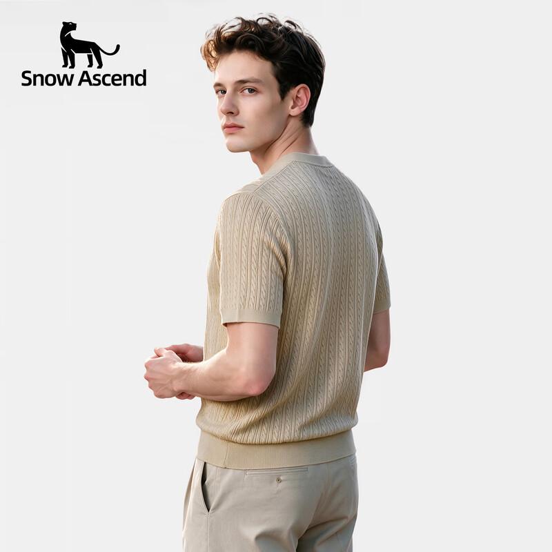 Snow Ascend Men's Cable Knit Crew Neck Short Sleeve Wool Blend T-Shirt