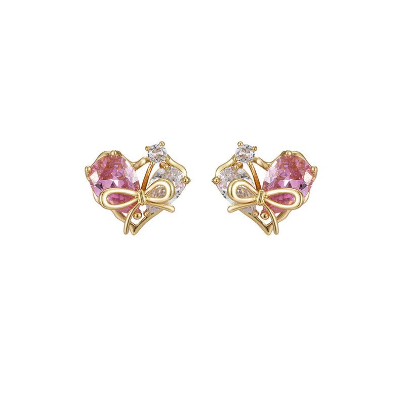 Bow winding love pink zircon light luxury high-end stud earrings small exquisite ear clips women's earless earrings