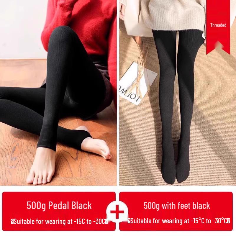 Women's Plus Size Fleece-Lined Ribbed Cotton Footed Tights - Vertical Stripe, Warm Spring/Summer Leggings