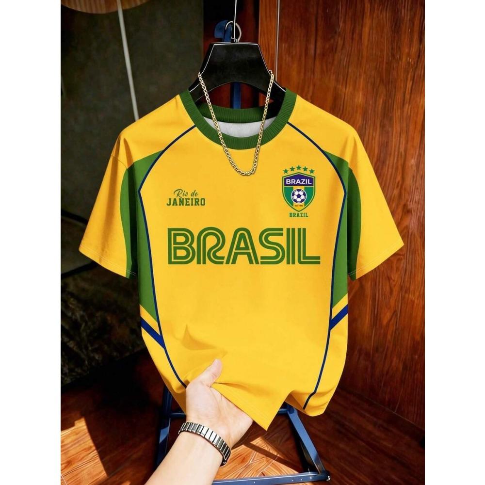 Brasile Rio De Janeiro Maglietta da Calcio Gialla Verde Stampa Classica Brasile Leggera Comoda Casual Streetwear Regalo per i Fan