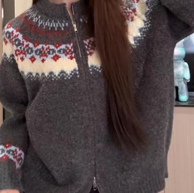 Women's Retro Fair Isle Knit Zipper Cardigan