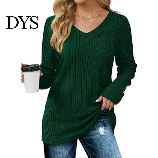 Damen Herbstkleidung Tunika Pullover V-Ausschnitt Langarm Einfarbig Gerippt Lässige Oberteile Schlanke Passform Gestrickt Locker